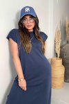 İndigo Mavi Oysh Model Vatkalı Midi Elbise