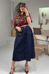 Lacivert Arka Bel Lastik Cepli Midi Kot Etek