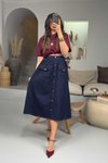 Lacivert Arka Bel Lastik Cepli Midi Kot Etek