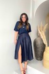 Lacivert Keten Kumaş Kemer Detaylı Midi Kot Etek