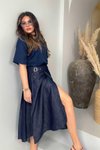 Lacivert Keten Kumaş Kemer Detaylı Midi Kot Etek