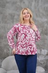 Fuşya Büyük Beden Uzun Kol Yazlık Yaprak Desenli Bluz Tunik Gömlek