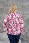 Fuşya Büyük Beden Uzun Kol Yazlık Yaprak Desenli Bluz Tunik Gömlek