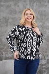 Siyah Büyük Beden Uzun Kol Yazlık Etnik Desen Bluz Tunik Gömlek
