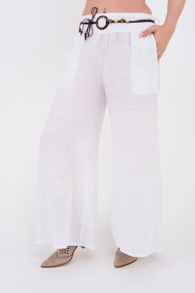 بنطلون من الكتان واسع الساقين بحزام وحزام مشبك إيطالي أبيض
