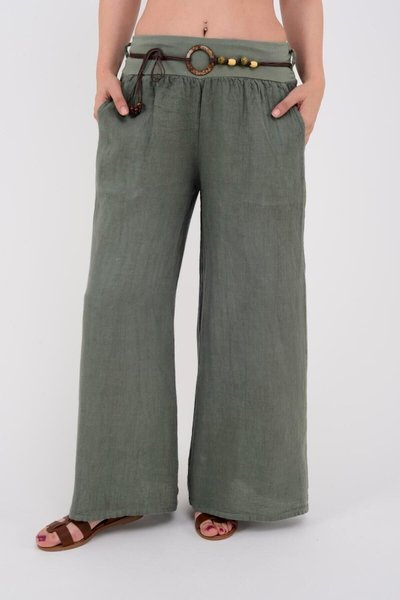 Khaki Italian High-Waisted Corset Belted Wide-Leg Linen Pants