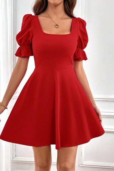 Red Short Sleeve Square Neck Flared Imported Crepe Mini Dress