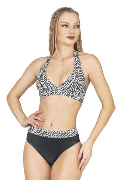 Siyah Beyaz Zigzag Desenli Toparlayıcı Bikini Takım