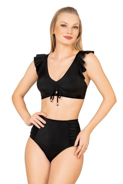 Siyah Fırfırlı İp Detaylı Yüksek Bel Bikini Takım