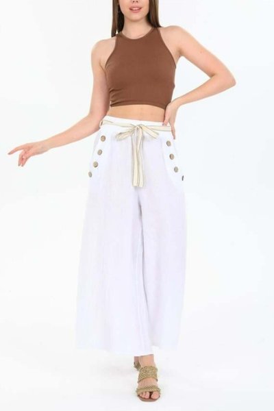 بنطلون كتان واسع الساق بأزرار وتفاصيل كورسيه إيطالي أبيض مع حزام أوثنتيك