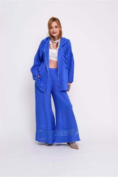 Blue Italian Eyelet Hem Detailed Linen Pants