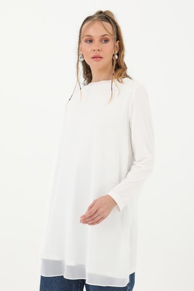 Ecru Long Sleeve Knit with Chiffon Outer Layer