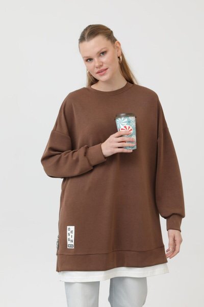 Kahverengi Modal Kumaş Arma Ve Fermuar Detaylı Sweatshirt