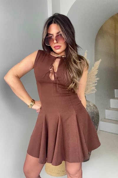 Acı Kahve Zr Krep Kumaş Bağçıklı Mini Elbise