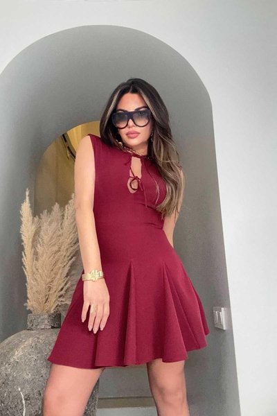 Bordo Zr Krep Kumaş Bağçıklı Mini Elbise
