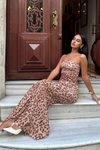 Açık Leopar Straplez Desenli Uzun Abiye Elbise