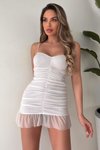Beyaz Askılı Büzgülü Fırfır Detaylı Parti Mini Abiye Elbise