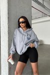 Gri Şapkalı Üç İplik Şardonlu Oversize Kalıp Desenli Sweatshirt