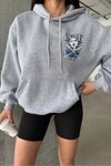 Gri Şapkalı Üç İplik Şardonlu Oversize Kalıp Desenli Sweatshirt