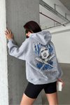 Gri Şapkalı Üç İplik Şardonlu Oversize Kalıp Desenli Sweatshirt