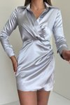 Gri Saten Vatkalı Gömlek Mini Abiye Elbise