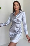 Gri Saten Vatkalı Gömlek Mini Abiye Elbise