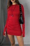 Kırmızı Boyu Ayarlanabilir Parmak Detaylı Bisiklet Yaka Mini Elbise