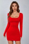 Kırmızı Kare Yaka Uzun Kollu Likralı Mini Elbise