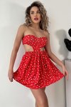 Kırmızı Puantiyeli Straplez Sırt Dekolteli Bağlamalı Mini Elbise