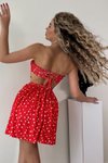 Kırmızı Puantiyeli Straplez Sırt Dekolteli Bağlamalı Mini Elbise