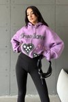 Lila Şapkalı Üç İplik Şardonlu Oversize Kalıp Desenli Sweatshirt