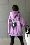 Lila Şapkalı Üç İplik Şardonlu Oversize Kalıp Desenli Sweatshirt