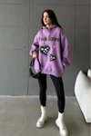 Lila Şapkalı Üç İplik Şardonlu Oversize Kalıp Desenli Sweatshirt