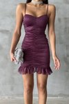 Mor Askılı Büzgülü Fırfır Detaylı Parti Mini Abiye Elbise