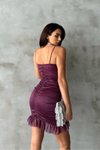 Mor Askılı Büzgülü Fırfır Detaylı Parti Mini Abiye Elbise