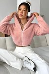 Pembe Peluş Şapkalı Fermuarlı Ceket