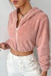 Pembe Peluş Şapkalı Fermuarlı Ceket