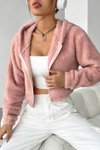 Pembe Peluş Şapkalı Fermuarlı Ceket