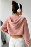 Pembe Peluş Şapkalı Fermuarlı Ceket