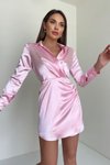 Pink Satin Padded Shoulder Shirt Mini Dress