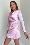 Pembe Saten Vatkalı Gömlek Mini Abiye Elbise
