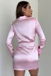 Pembe Saten Vatkalı Gömlek Mini Abiye Elbise