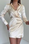 Sarı Saten Vatkalı Gömlek Mini Abiye Elbise