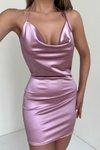 Sırt Dekolteli Pembe Saten Boyundan Bağlamalı Mini Abiye Elbise
