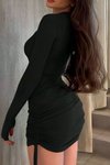 Siyah Boyu Ayarlanabilir Parmak Detaylı Bisiklet Yaka Mini Elbise