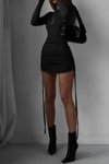 Siyah Boyu Ayarlanabilir Parmak Detaylı Bisiklet Yaka Mini Elbise