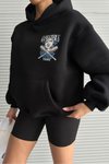 Siyah Şapkalı Üç İplik Şardonlu Oversize Kalıp Desenli Sweatshirt