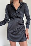 Siyah Saten Vatkalı Gömlek Mini Abiye Elbise