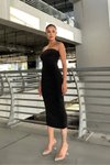 Siyah Simli Straplez Midi Abiye Elbise