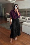 Siyah Trend Pileli Kırışık Crash Ve Şık Stili Yazlık Moda Uzun Etek
